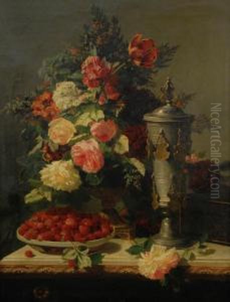 Floral Still Life With Strawberries And Tankard Oil Painting by Jean-Baptiste Robie