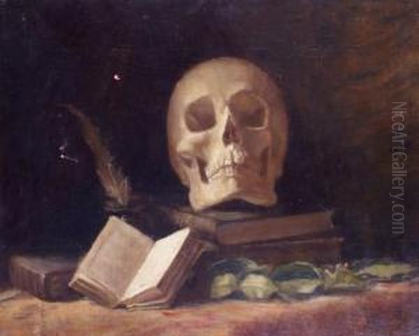 Vanite Au Crne Et Aux Livres Oil Painting by Georges Charles Robin