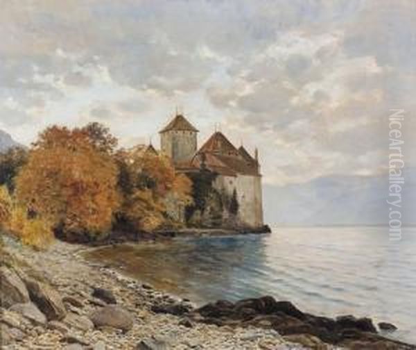 Chateau Chillon Am Genfersee. Oil Painting by Gustave Paul, Pere Robinet