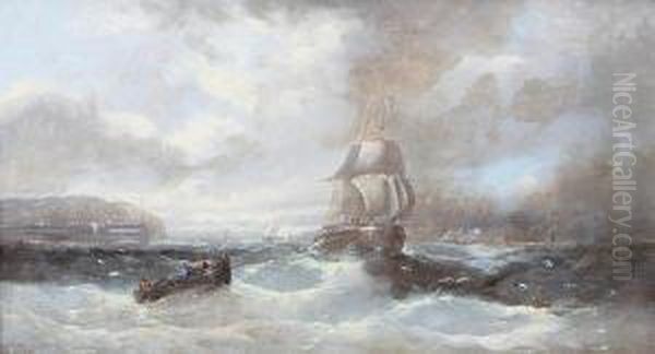 Ships Off The Coast Under Stormy Skies Oil Painting by A. Robins