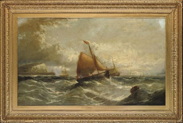 Fishing Boats Riding The Swell And Hauling In Their Nets, In The Channel Off Dover Oil Painting by A. Robins