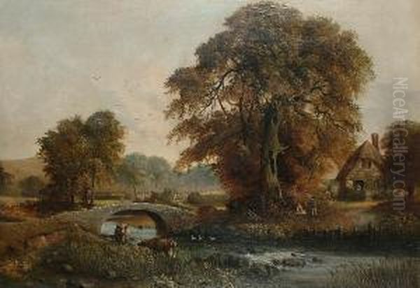 A Landscape With Cattle By A Bridge, A Cottage With Figures On The Far Bank Oil Painting by Henry Robins