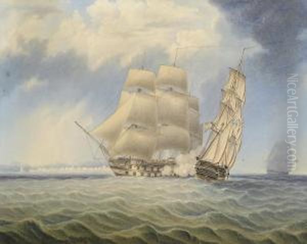 A British Third Rate Engaging A Spanish Two-decker Off Cadiz Oil Painting by Thomas Sewell Robins