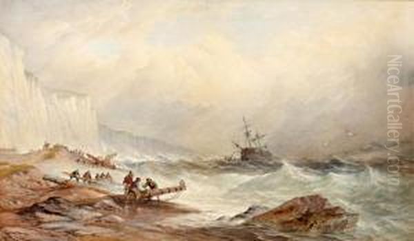 A Coastal Scene, Salvagers At Work Below Chalk Cliffs, A Ship In Distress Nearby Oil Painting by Thomas Sewell Robins