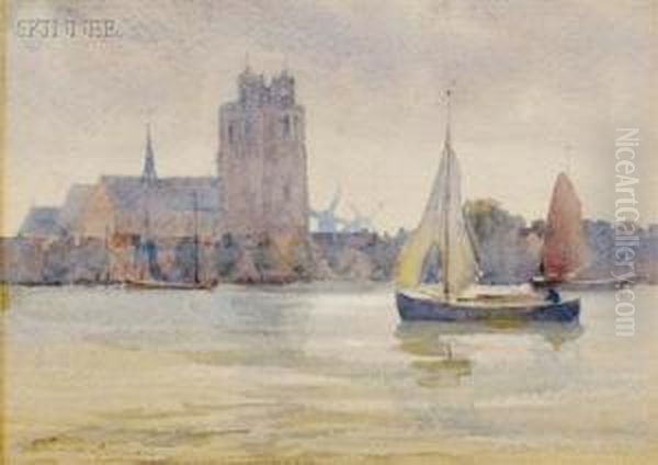 Windmills And Churches/a River View Oil Painting by Florence Vincent Robinson