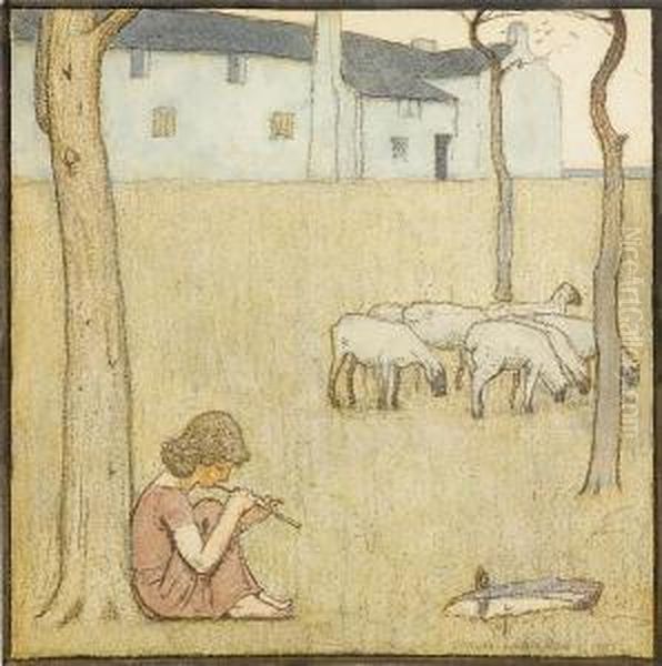 A Young Shepherdess Playing A Pipe Seatedbelow A Tree Oil Painting by Frederick Cayley Robinson