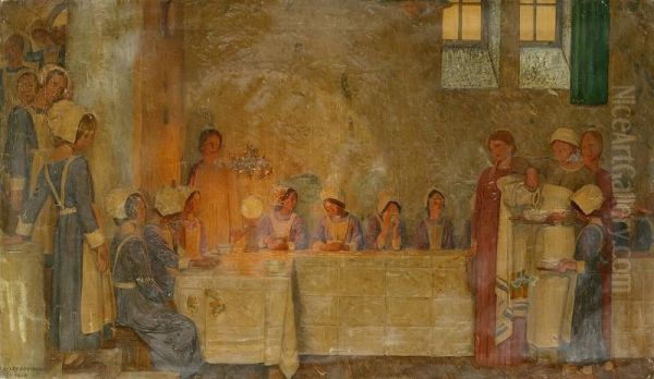 Nurses At Cloister Oil Painting by Frederick Cayley Robinson