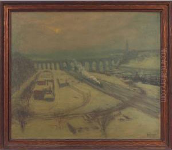 Snowy Train Station Oil Painting by Hal Robinson