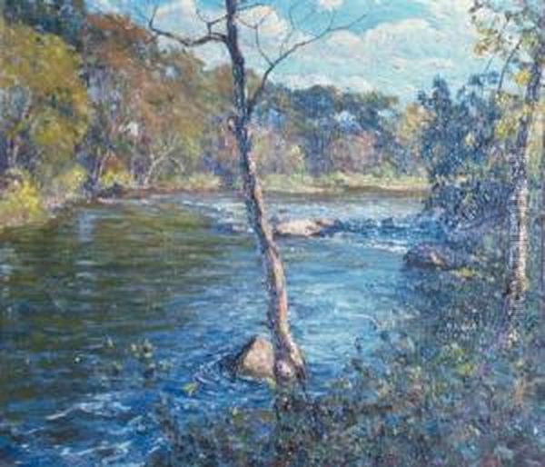 Sunlit River Landscape Oil Painting by Hal Robinson