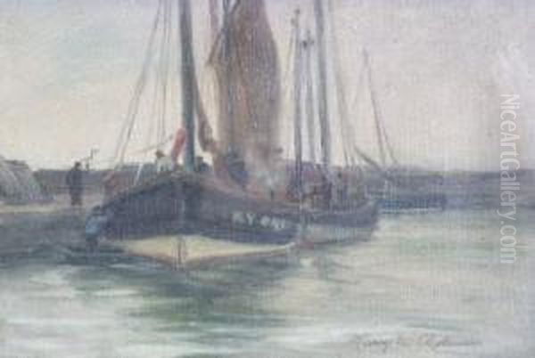 Harbour Scenewith Figures And Fishing Boats Oil Painting by Harry W. Robinson