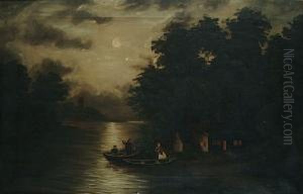 A Moonlit River With A Ferry Landing Passengers By A Cottage Oil Painting by H.L. Robinson