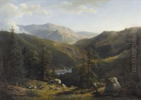 Berglandschaft Mit Jagern Und Erlegtem Hirsch Oil Painting by John Robinson Tait