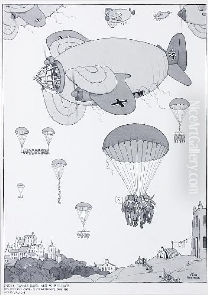 Enemy Planes Disguised As Barrage Balloonslanding Paratroops During An Invasion Oil Painting by William Heath Robinson