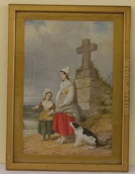 Young Girls And A Dog Beside A Stone Cross On A Sea Shore Oil Painting by William Robinson