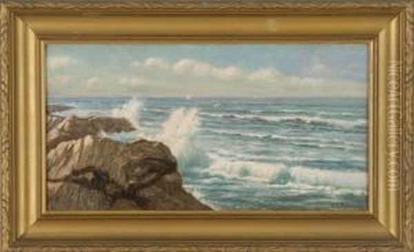 Seascape With Rocky Coastline And Distant Sailboats Oil Painting by William T. Robinson