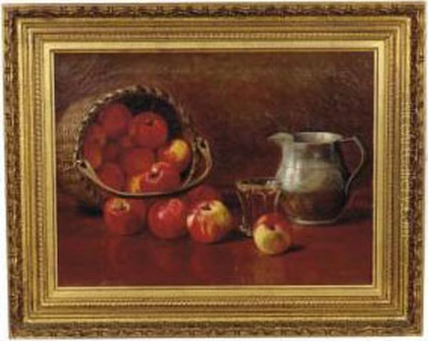 Still Life Of A Basket Of Apples With A Pitcher And Glass On A Table Oil Painting by Robinson Wood Harriette