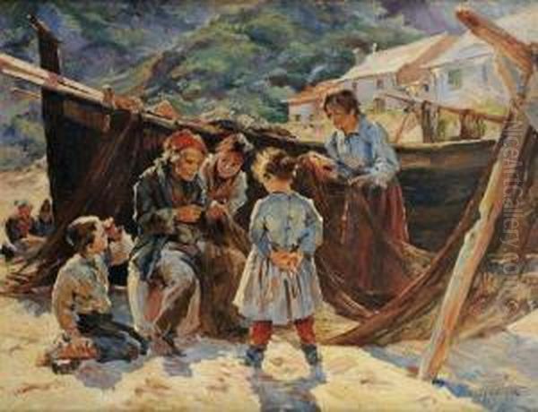 Pecheurravaudant Son Filet Oil Painting by Pierre Victor Robiquet