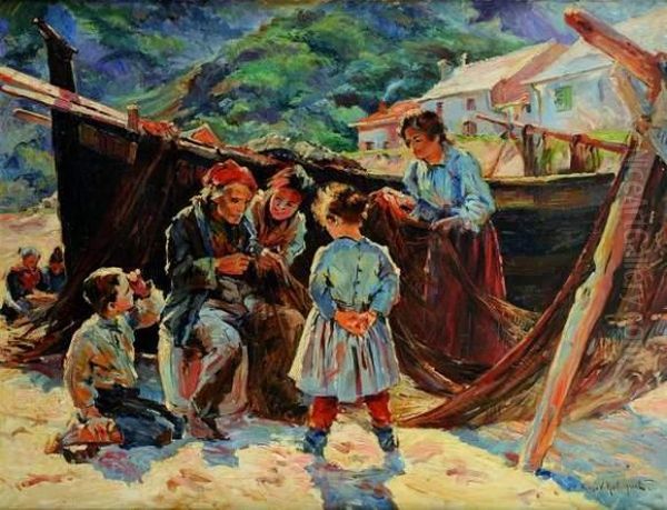 Pecheur Ravaudant Son Filet Oil Painting by Pierre Victor Robiquet