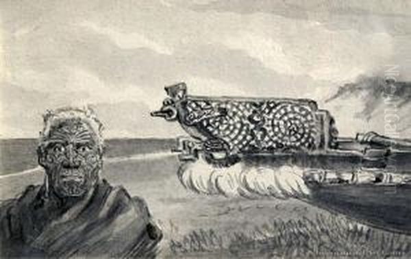 A Carved Chief 'te Kuha' And Sea-going War Canoe 'hine-tapu' Oil Painting by Horatio Gordon Robley