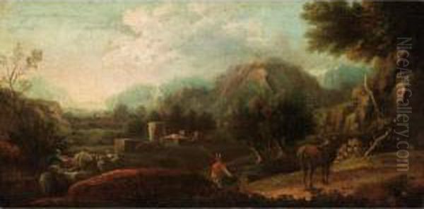 Extensive Mountainous Landscape With Drovers And Their Animals In The Foreground, A Village Beyond Oil Painting by Francesco Robonelli