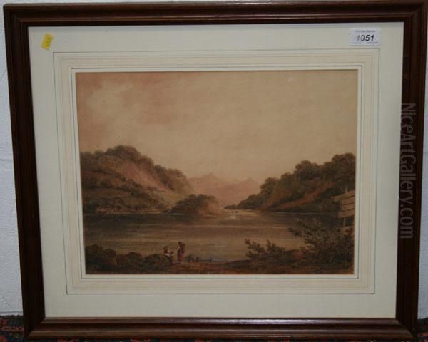 Figures Beside An Extensive Lake Oil Painting by George Fennel Robson