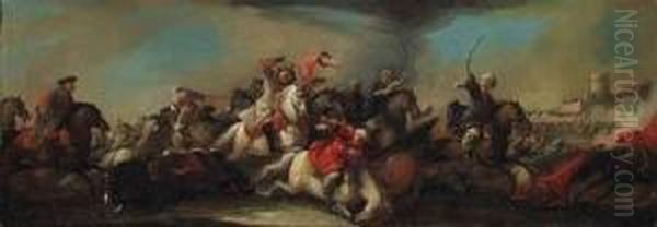 A Cavalry Battle Between Christians And Turks, A Fortressbeyond Oil Painting by Giovanni Luigi Rocco