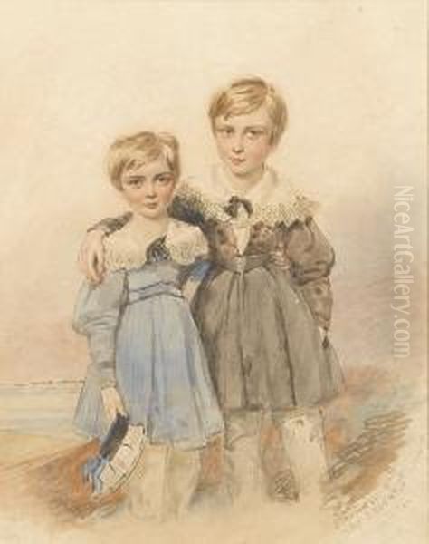 Two Young Boys, The One On The Left Wearingblue Smock With Puffed Sleeves And White Lace Falling Collar Tiedwith A Black Bow Over White Trousers, A White Sailor Cap With Blueribbons Held In His Left Hand, The One On The Right Wearing Brownsmock With Butto Oil Painting by Simon Jacques Rochard De Nantes