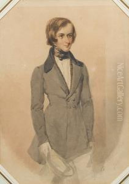 A Gentleman, Wearing Double-breasted Greyfrock Coat With Black Collar Over Brown Waistcoat And White Shirtwith High Tied Stock And Trousers, Holding A Top Hat In His Lefthand. Oil Painting by Simon Jacques Rochard De Nantes