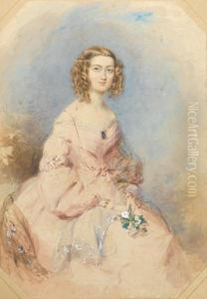 Mrs Musson, Wearing Pink Dress With Puffed Oil Painting by Francois Theodore Rochard