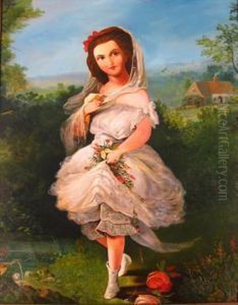 Portrait Of A Girl With White Dress Oil Painting by A. Roche