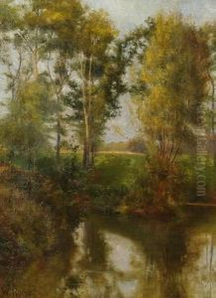 A Wooded River Landscape Oil Painting by A. Roche