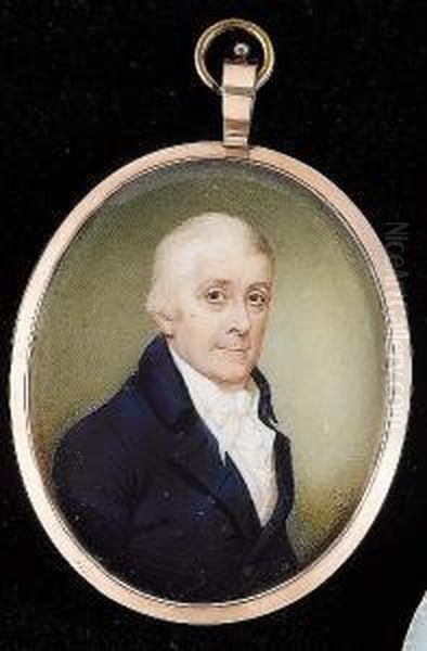 A Gentleman, Wearing Blue Coat, White Waistcoat, Frilled Chemise And Tied Cravat. Oil Painting by Sampson Towgood Roche