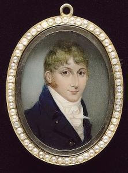 A Gentleman, Wearing Blue Coat, White Waistcoat, Frilled Chemise And Tied Cravat Oil Painting by Sampson Towgood Roche