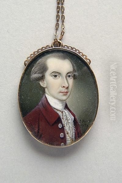 A Young Gentleman With Powdered Hair, Red Coat, Striped Waistcoat And White Shirt With Lace Cravat Oil Painting by Sampson Towgood Roche