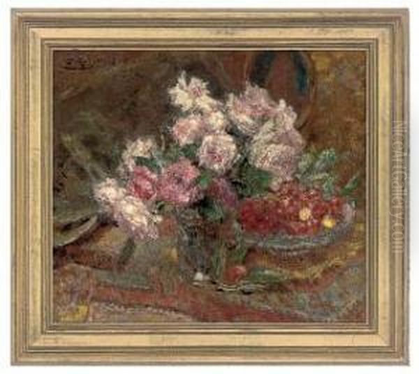 Roses And Cherries Oil Painting by Ernest Rocher