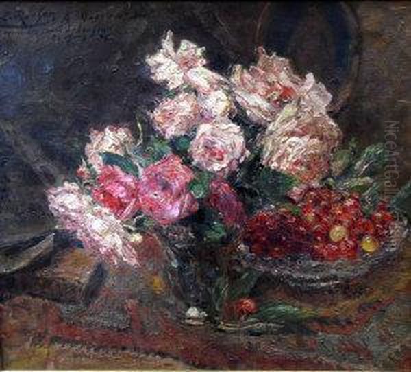 Still-life Of Flowers And Fruit On A Table Oil Painting by Ernest Rocher