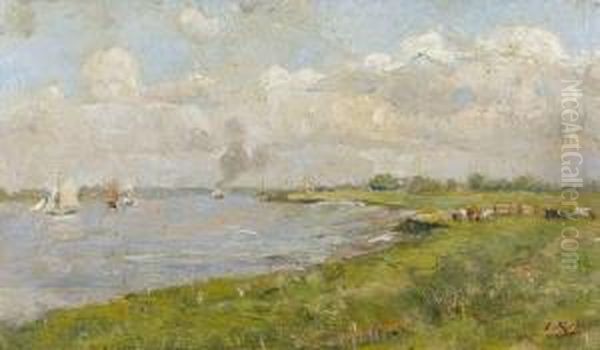 Flussuferpartie Mit Weidenden Kuhen Und Segelbooten Oil Painting by Ernest Rocher