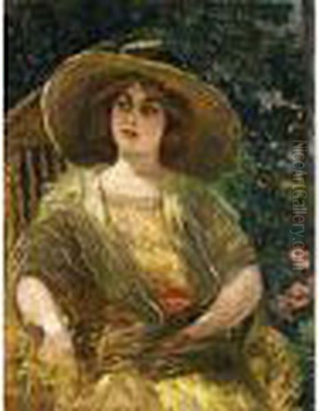 Dame Mit Weitem Strohhut In Einer Laube Oil Painting by Ernest Rocher