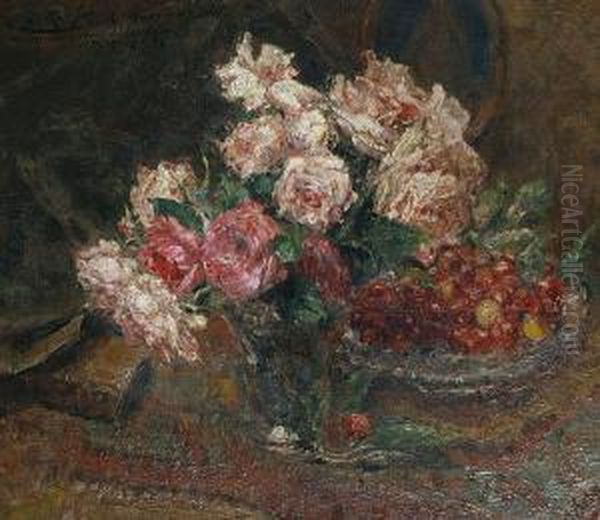 Still Life With Roses And Cherries Oil Painting by Ernest Rocher