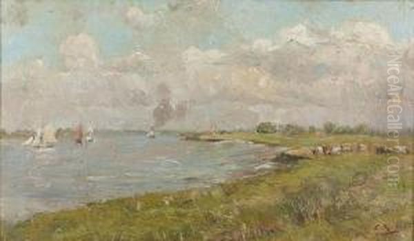 Sommerliche Uferpartie Mit Segelbooten. Oil Painting by Ernest Rocher