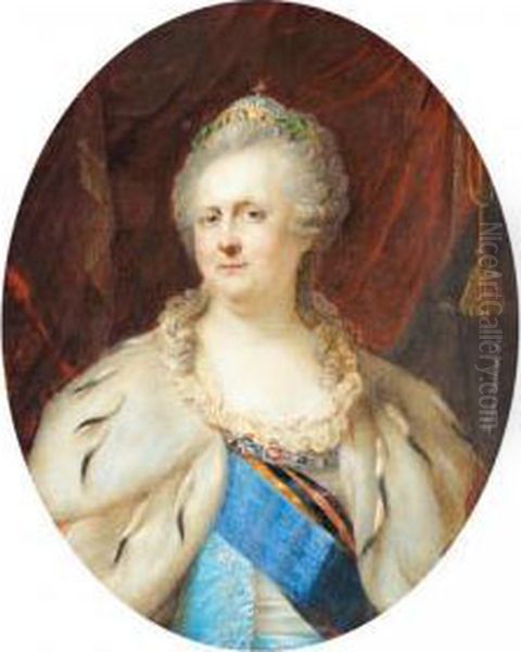 A Fine Portrait Miniature Of Catherine The Great After The 1793 Original By Johann Baptist Lampi Oil Painting by Alois Gustav Rockstuhl