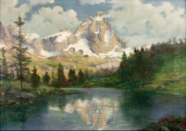 Il Cervino E Il Lago Blu Oil Painting by Leonardo Roda