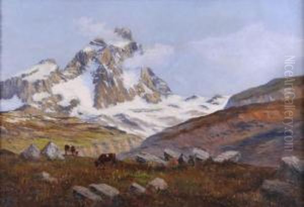 Pascolo In Alta Montagna Con Il Monte Cervino Oil Painting by Leonardo Roda