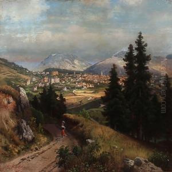 South German Landscape With A Large Town In A Valley Oil Painting by Carl Gustav Rodde