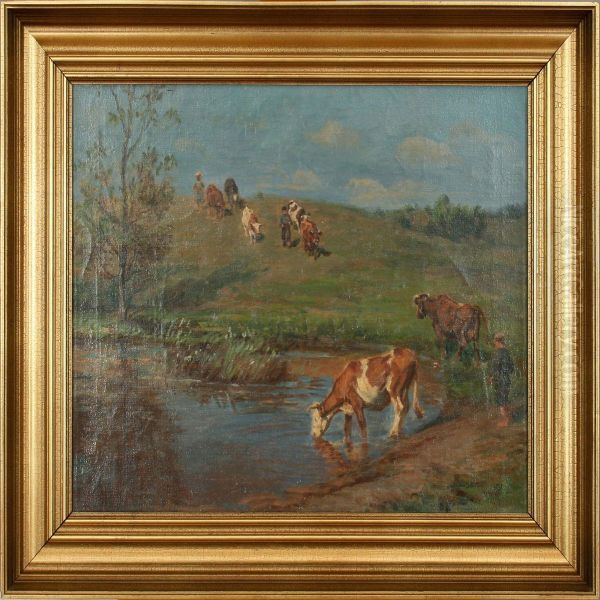 Scenery With Cows And Boys. Signed G. Rode Oil Painting by Gotfred Rode