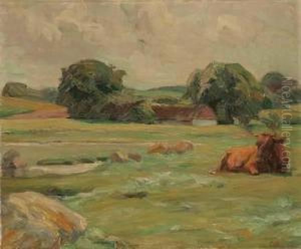 Cow Resting In Pastoral Landscape-1923 Oil Painting by Gotfred Rode