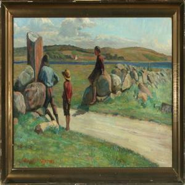 Summer Scenery From Agernaes With Boys At A Stone Wall Oil Painting by Ingeborg M. Rode