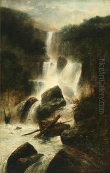 Mountain Landscape With Waterfall Oil Painting by Aanso Rodrick