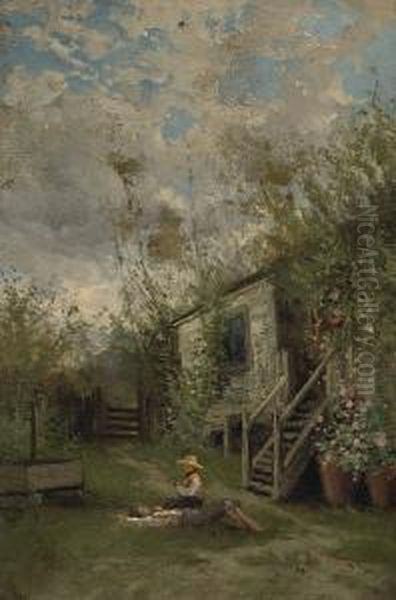 Two Children Resting By A House (spring) Oil Painting by Alfred C. Rodriguez