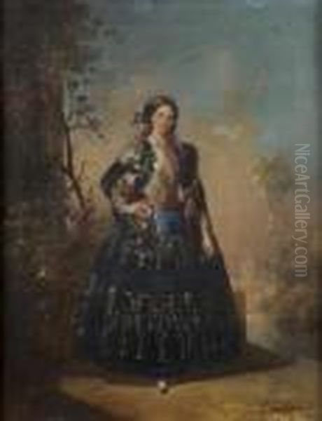 Portrait D'une Sevillane Oil Painting by Manuel Rodriguez De Guzman